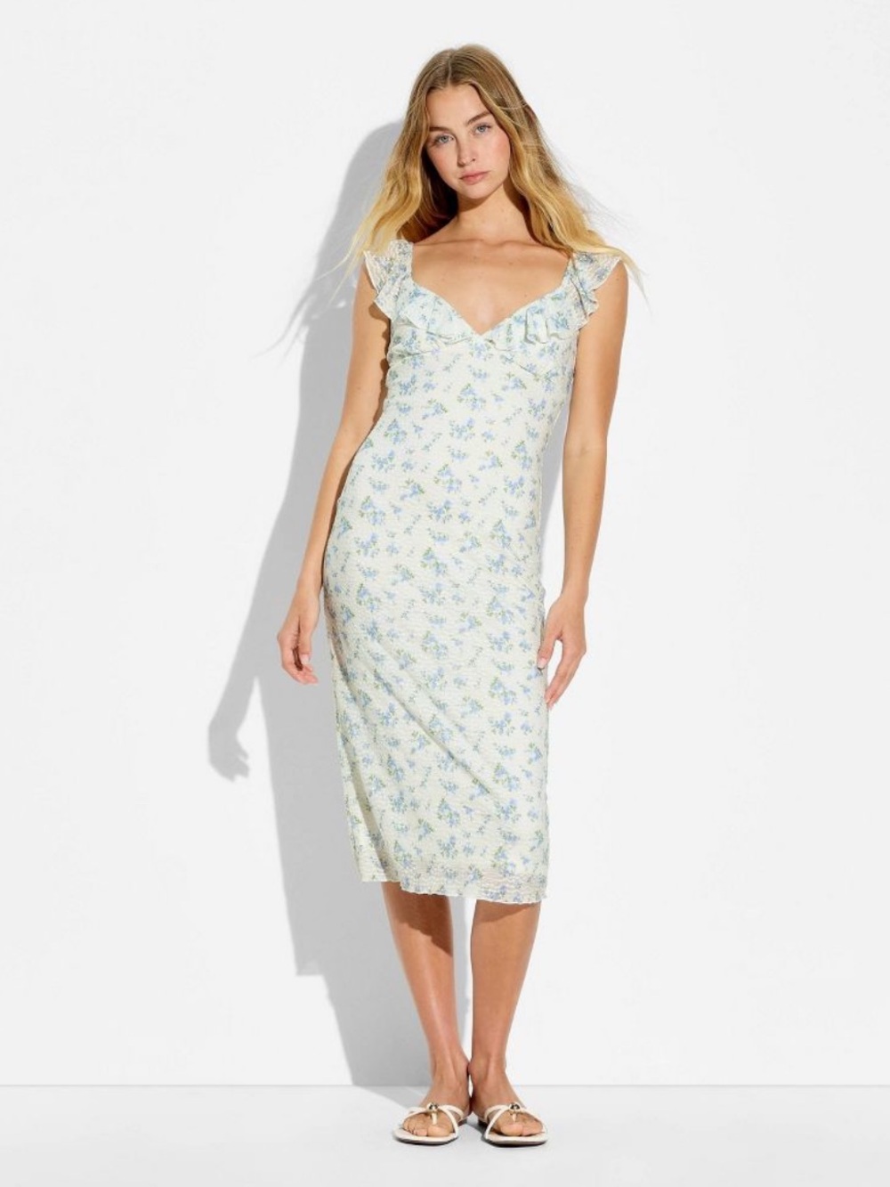 Wild Fable Women's Ruffle Sleeve Midi A-Line Dress - White Floral - M